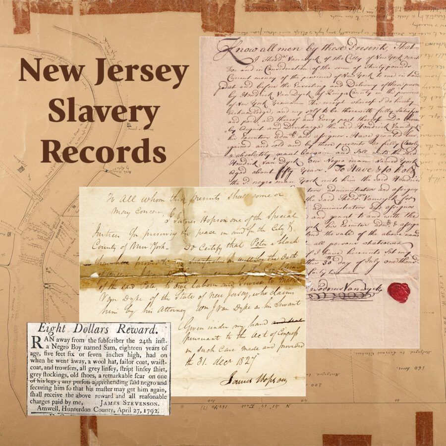 Banner for New Jersey Slavery Records showing examples of historical documents, including newspaper, map, and handwritten papers.